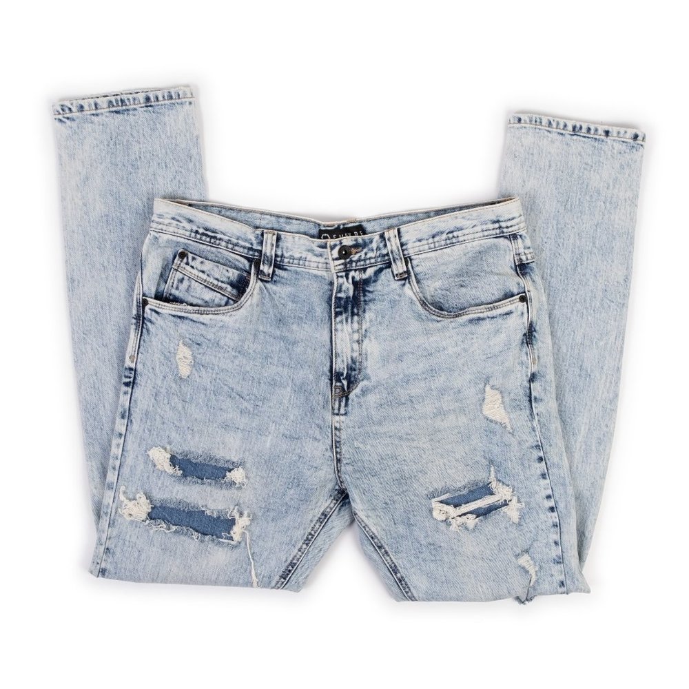 Empyre Verge acid wash distressed tapered skinny blue jeans 34